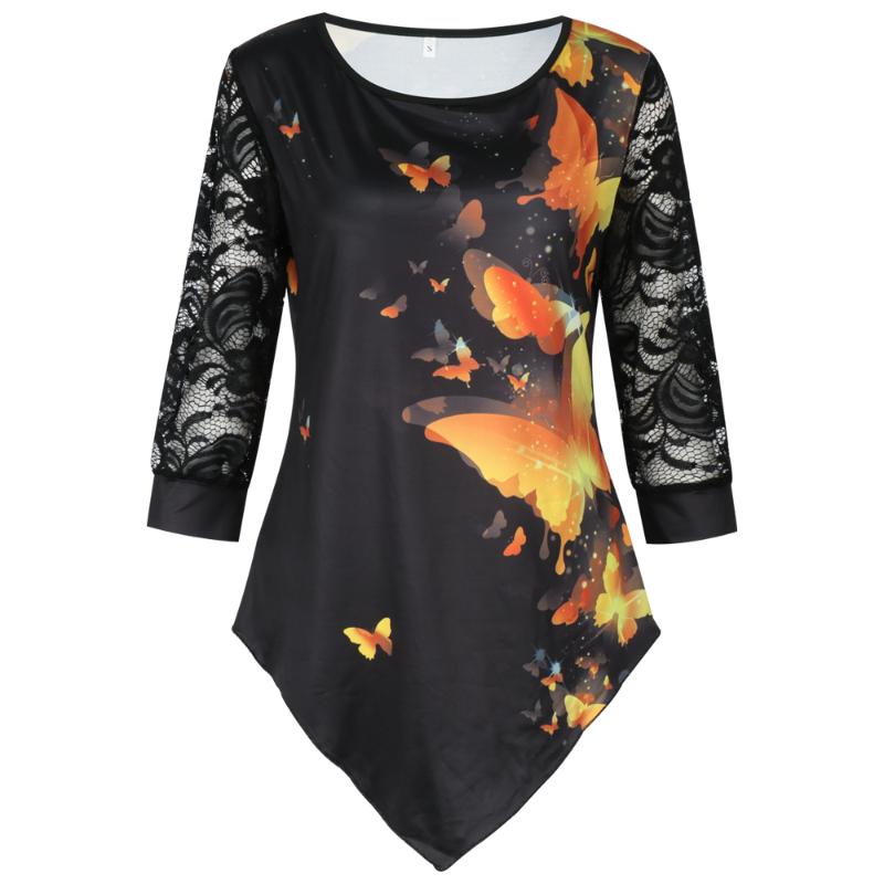

Lace Long T-Shirts Women Spring Autumn Butterfly Print O-Neck Tshirt Long Sleeve Casual Female Fashion Shirt Tops Plus Size, 242 white