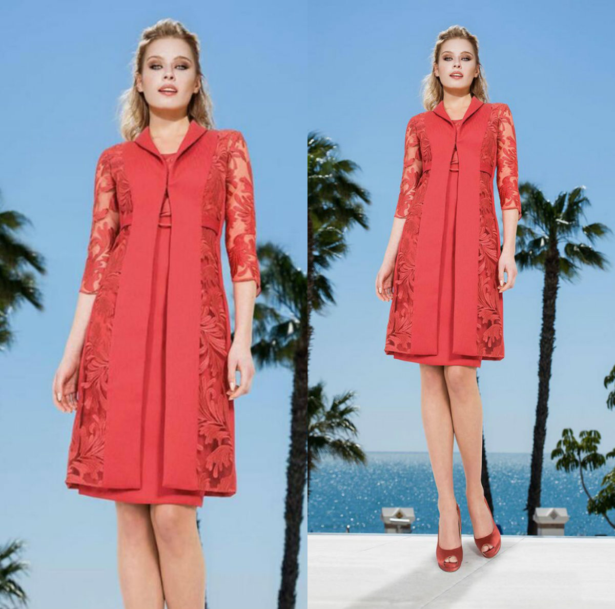 

2020 Red Mother Of The Bride Dresses With Jacket Jewel Neck Lace Appliqued Knee Length Formal Party Dress Plus Size Wedding Guest Gowns