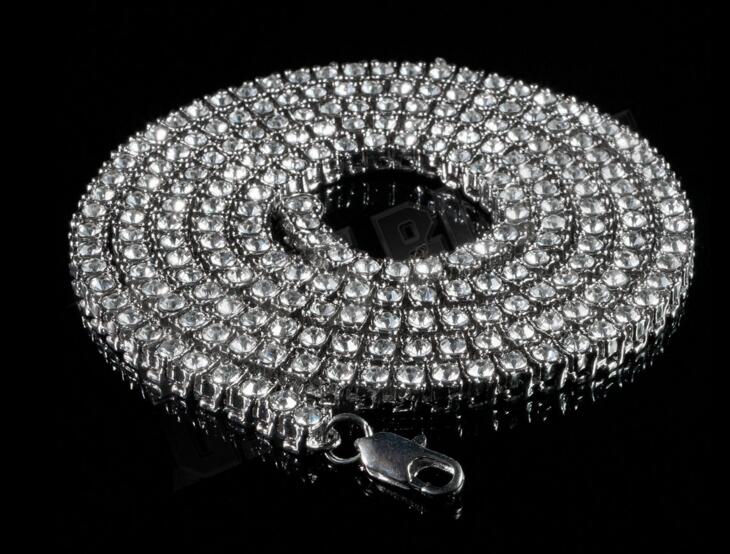 

14k White Gold ICED OUT Lab Diamond 1 Row SILVER Chain Mens Tennis Necklace Hip