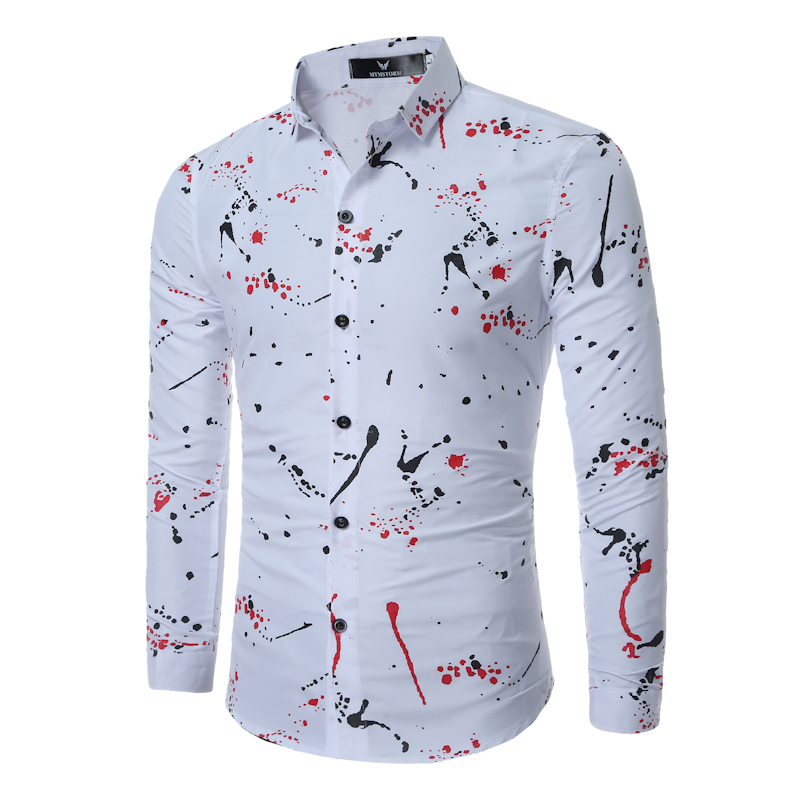 

Summer Casual Shirt Men Spring Long Sleeve Tops Printing Men Slim Fit Chemise Social Shirt White, Black