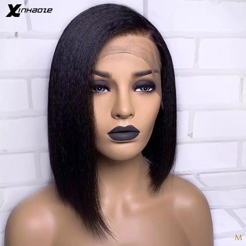 

13*4 Light Yaki Straight Short BOB Lace Front Human Hair Wigs For Women Black Color Remy Brazilian Kinky Lace Wigs Preplucked, As pic