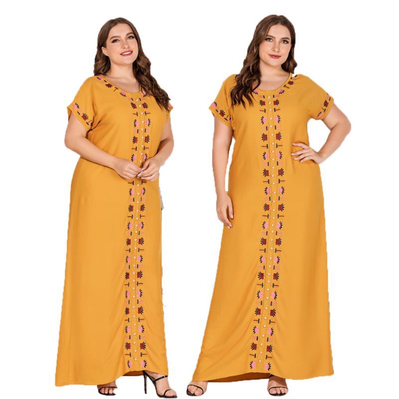 

Plus Size Women Long Dress Summer Short Sleeve Muslim Ramadan V-neck Maxi Robe Arab Abaya Casual Loose Gown Middle East Dubai