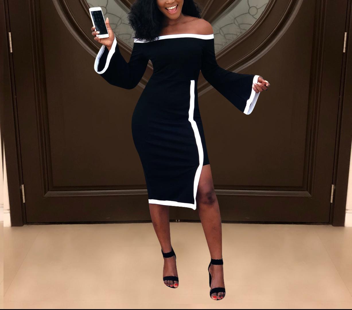 

New Woman Slim Black Sexy Off Shoulder Midi Dress Long Sleeve Dresses Xl Femme Vestidos Irregular Office Lady Night Club Party, As pic