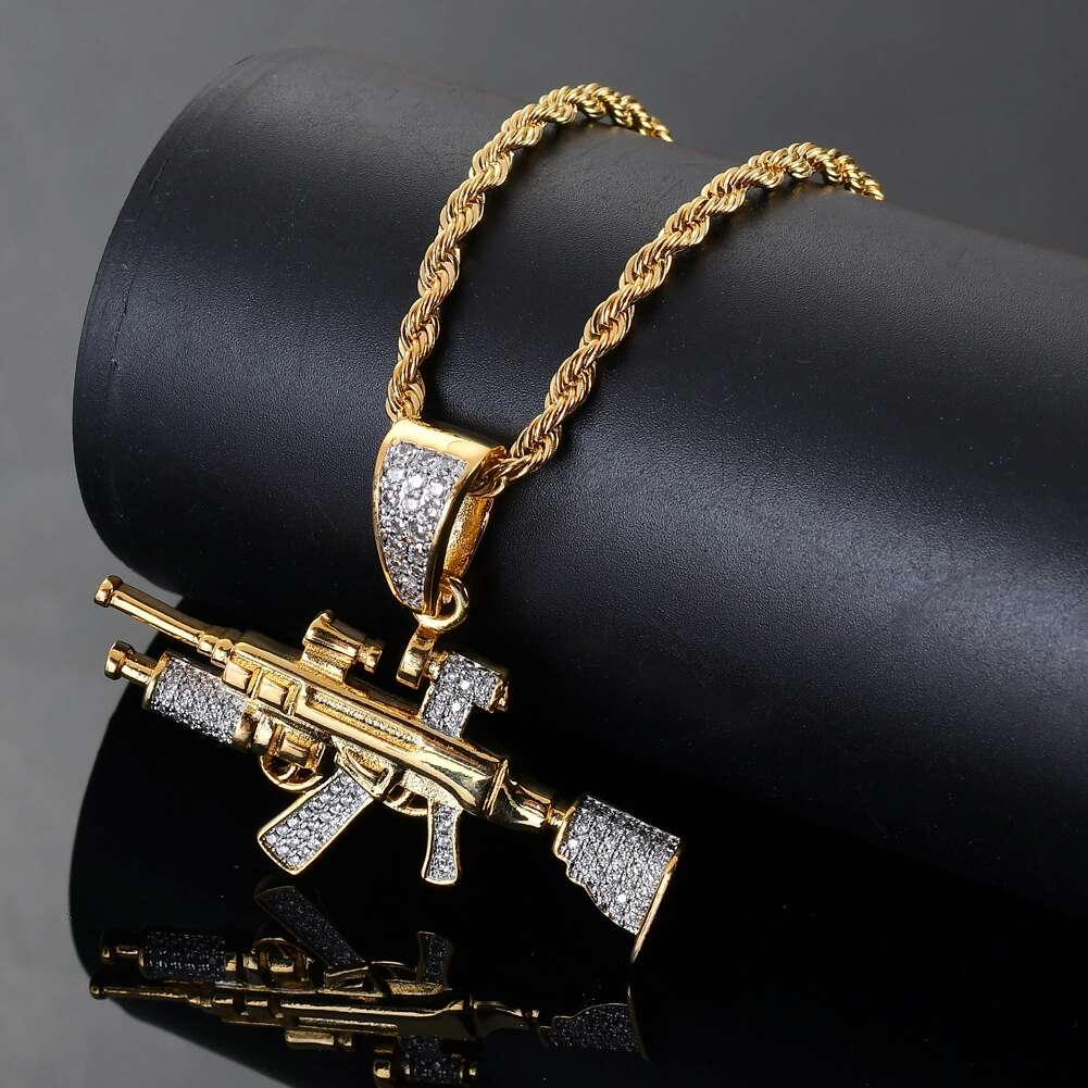 

hip hop Sniper rifle diamonds pendant necklaces for men real gold plated copper zircons AK47 gun luxury necklace Cuban chain jewelry