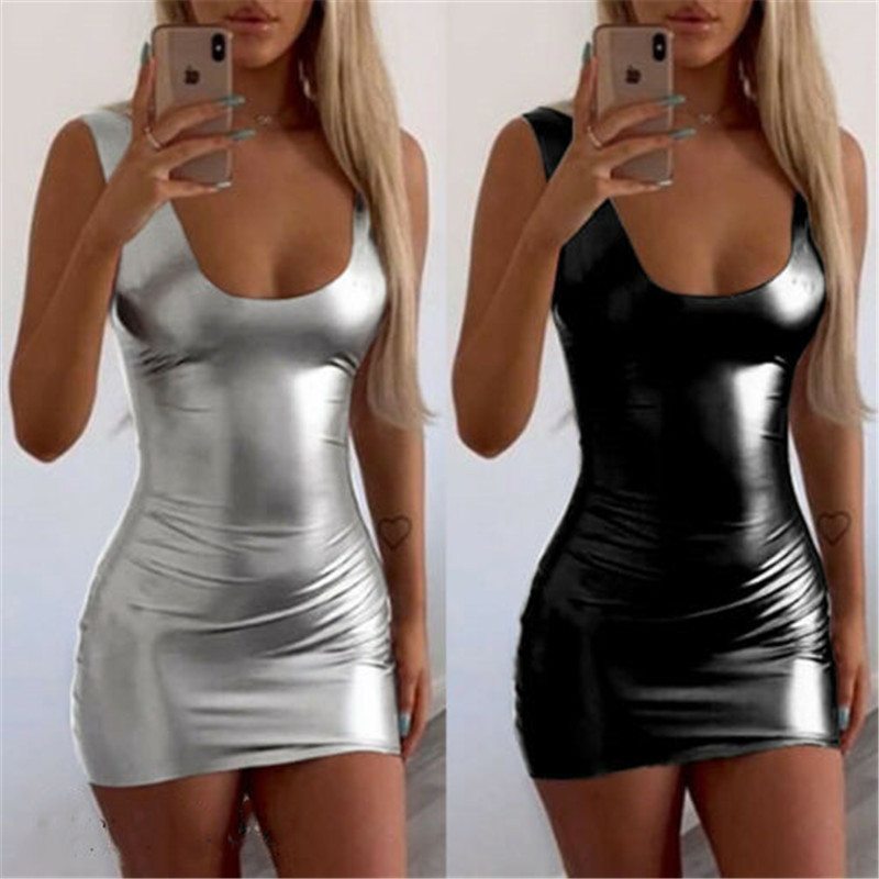 

Women PU Leather Sexy Slim Dresses Low-cut Sleeveless Nightclub Silver Black Bodycon Dress Female Evening Party Short Mini Dress