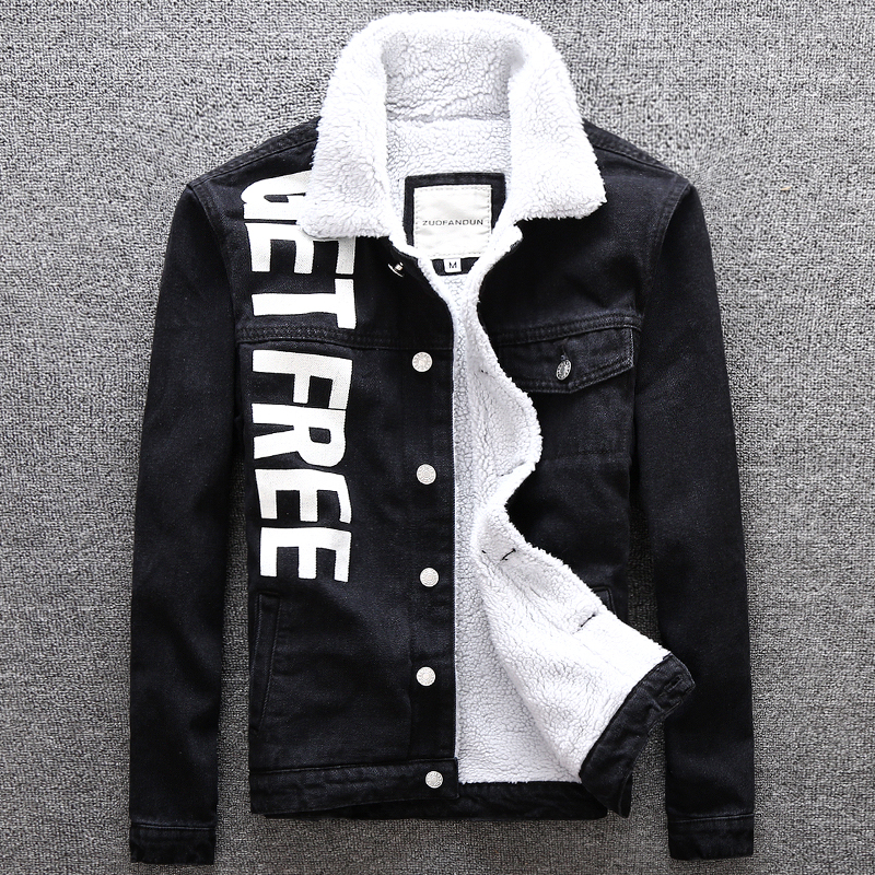 

British Fashion Winter Jacket Men Black Printed Designer Denim Bomber Jackets Hombre Hip Hop Thick Warm Coats Velvet Parka Men