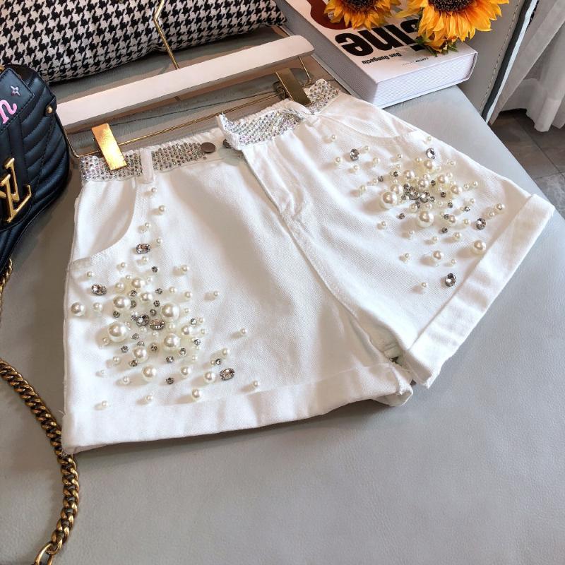 

Modis pearls beading diamonds denim shorts women high waist white short femme cotton A-line black wide leg jeans summer 2020