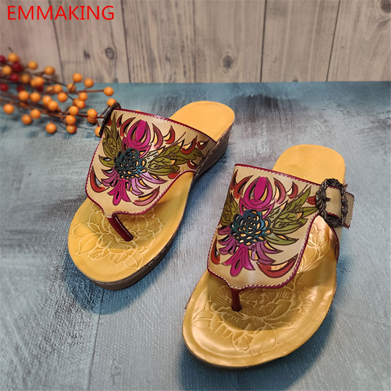

EMMAKING Clip Toe Flip Flops Geniune leather painted cut-out Flowers Barogue style slip-on casual women beach slippers sandals, Yellow