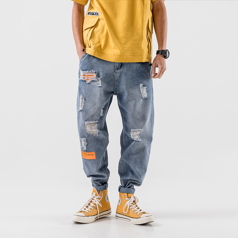 

Loose HipHop Streetwear Men Harem Denim Jeans Men Pockets Regular Casual Korean Fashion Streetwear Pants Hollow Out New, Blue