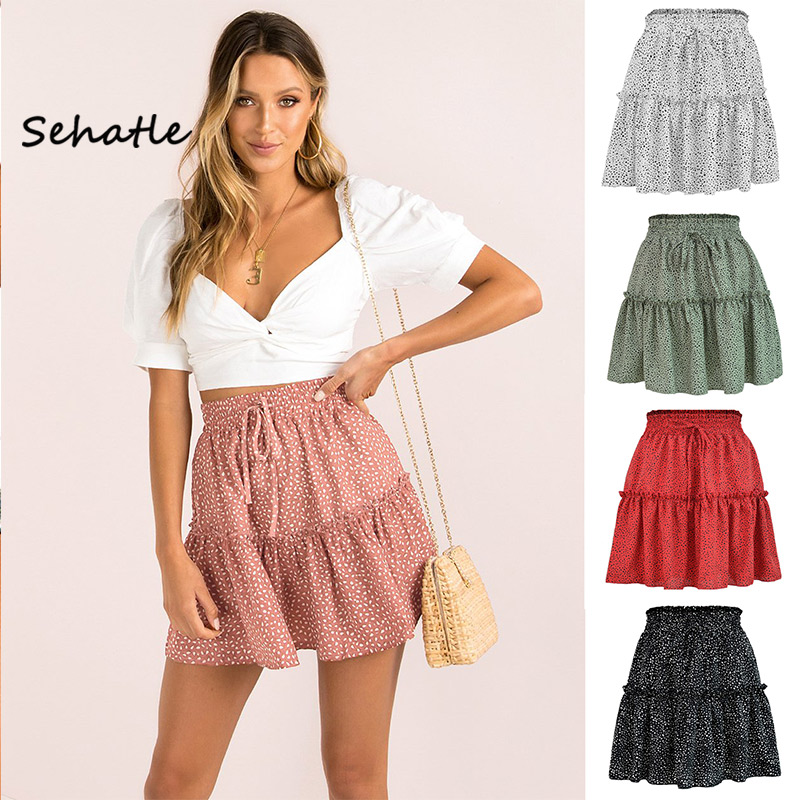 

Sehatle 2020Summer new sexy women mini skirts bohemian clothes dot pleated empire waist line print casual skirt chiffon clothing, Ww4101 red
