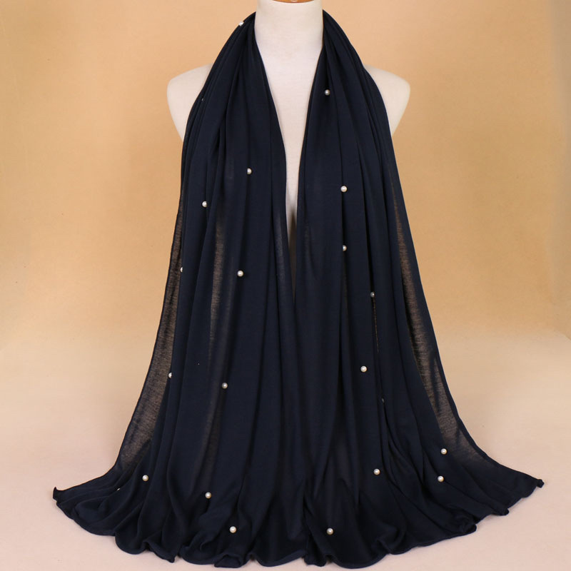 

KL275 180-90CM Women Pearls Plain Turban Muslim Ethnic Jersey Hijab Solid Long Shawl Novelty Head Wrap Scarf Hijab