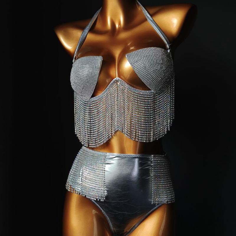 

2020 Bikini Set Women Halter Low Neckline Bling Diamante Tassel Bra Crop Top High Cut Bandage Panties Rave Festival Bikini Sets, Silver color