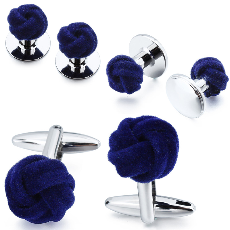 

HAWSON Men's Tuxedo Shirt Jewelry Cufflink Stud Set Fashion Blue&Purple Silk Knot Cuff Links Button Come With Box
