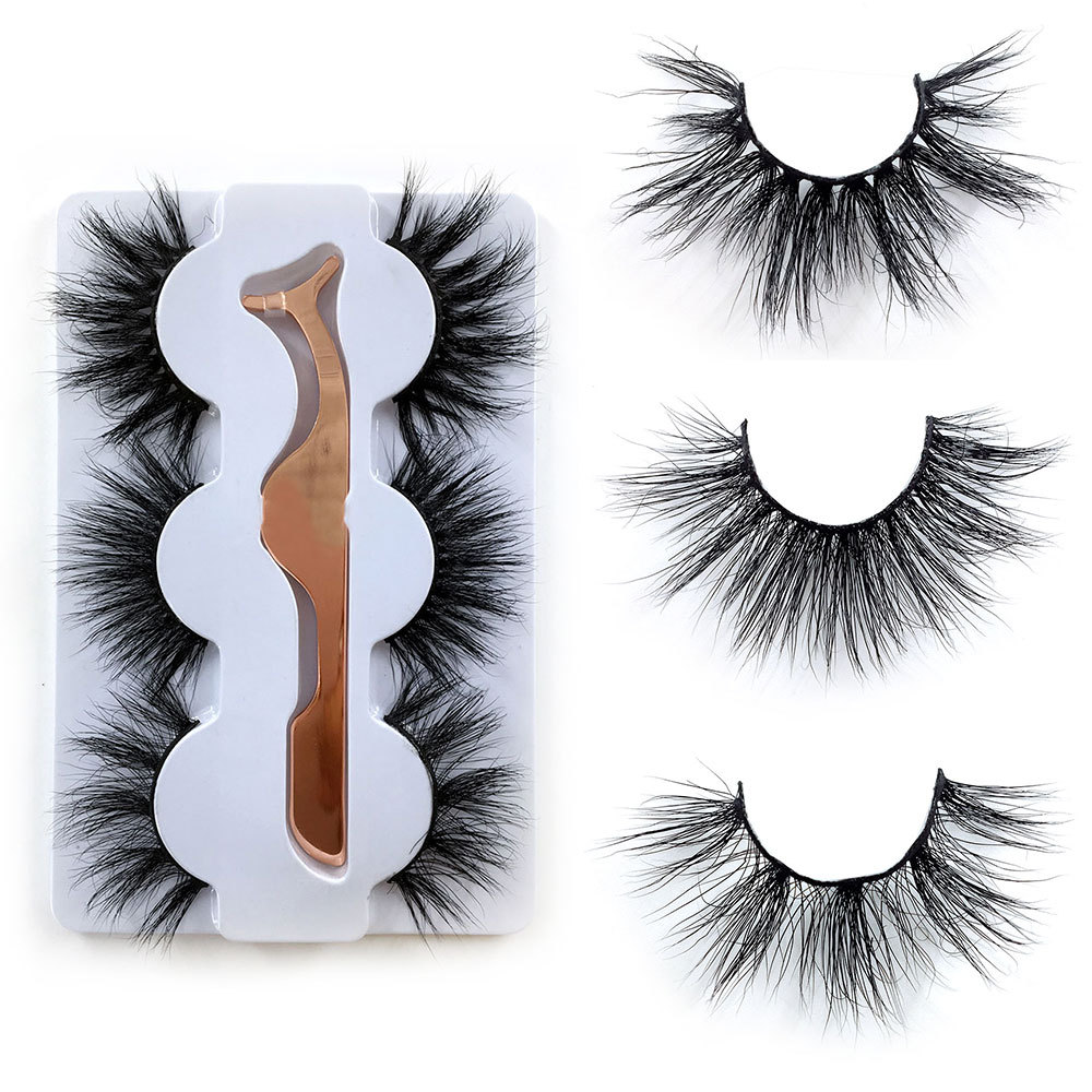 

3 pairs 3D 25mm Mink Eye lashes with eyeLash Tweezer 100% Siberian Fluffy Fake Lashes Cruelty-Free Cross Thick Long False Lashes