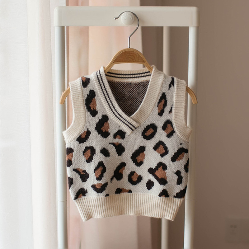 

2019 Spring new items Baby Boys Leopard Printed Vests V-neck Unisex Sleeveless Tops Kids Clothes Toddler Girls Knitted Waistcoat, Beige