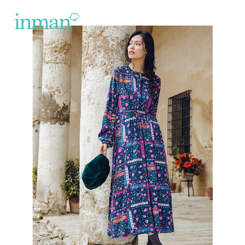 

INMAN Spring Autumn O-neck Defined Waist Long Sleeve Women Dress, Dark blue