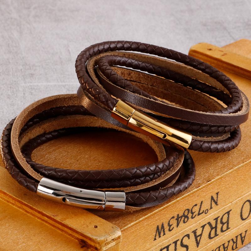 

Link, Chain Cool Brown Cowhide Wrap Bangle Bracelet Hiphop Men Stainless Steel Biker Jewelry Braided Multilayer Leather Mens Cuff Bracelets