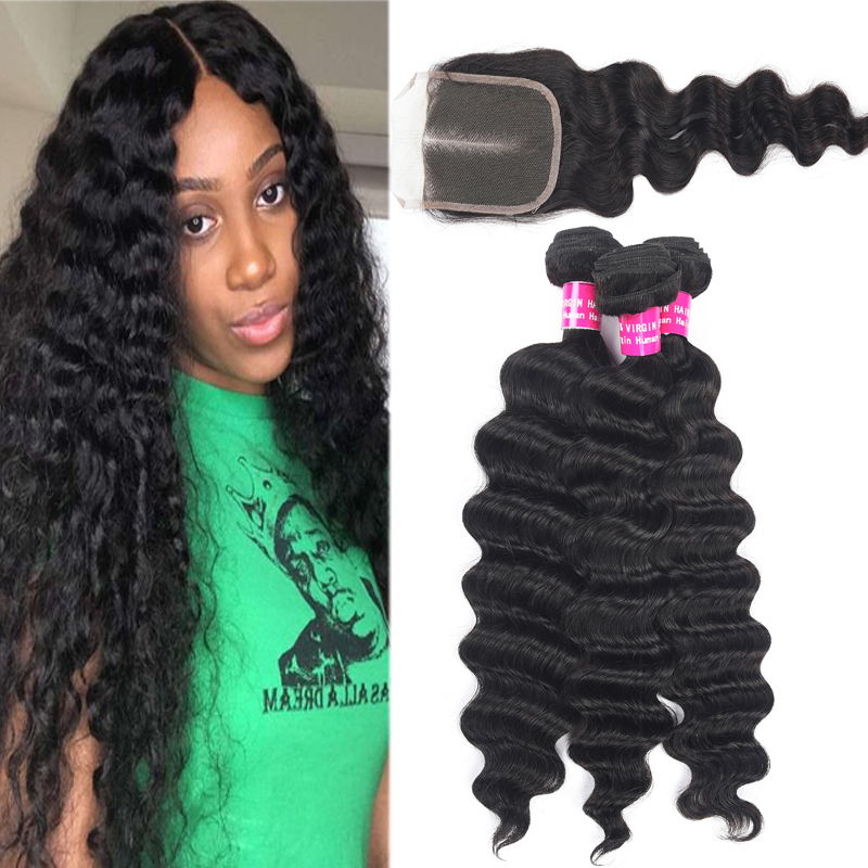

9A Remy Brazilian Hair Loose Deep Hair Bundles With Lace Closure 100% Unprocessed Straight Body Loose Wave Deep Curly Water Wave Human Hair, Straight with closure