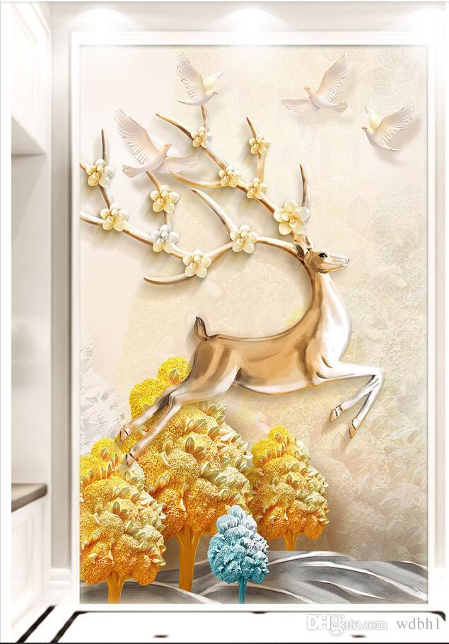 

3d wallpaper custom photo European three-dimensional embossed fortune tree elk aisle porch landscapes room muals wall paper for walls 3 d, Sky blue