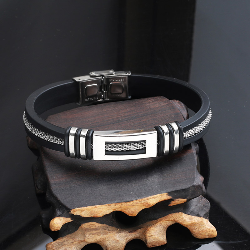 Popular Mens Gift High Quality Handmade 20 CM Black Silicone Health Stainless Steel Bracelet for Sale-image-435602822
