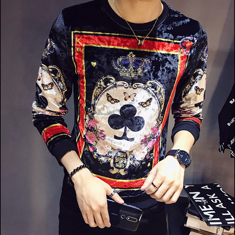 

Luxury Design Printing T Shirt Homme Royal Print Men Velour T Shirt Club Outfit Men Slim Fit Long Sleeve O Neck Velvet T Shirt T200111, Poker