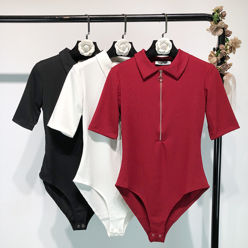 

2019 Summer New European and American Lapel Zipper Pull Head Tight Stretch Jumpsuit Bottoming T-shirt Women Tide, Black