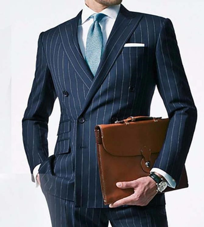 

New Chalk Stripe Men Suit Custom Made Navy Blue Mens Striped Suit Tailored Double Breasted Men 2 Pieces(Jacket+Pants, As picture