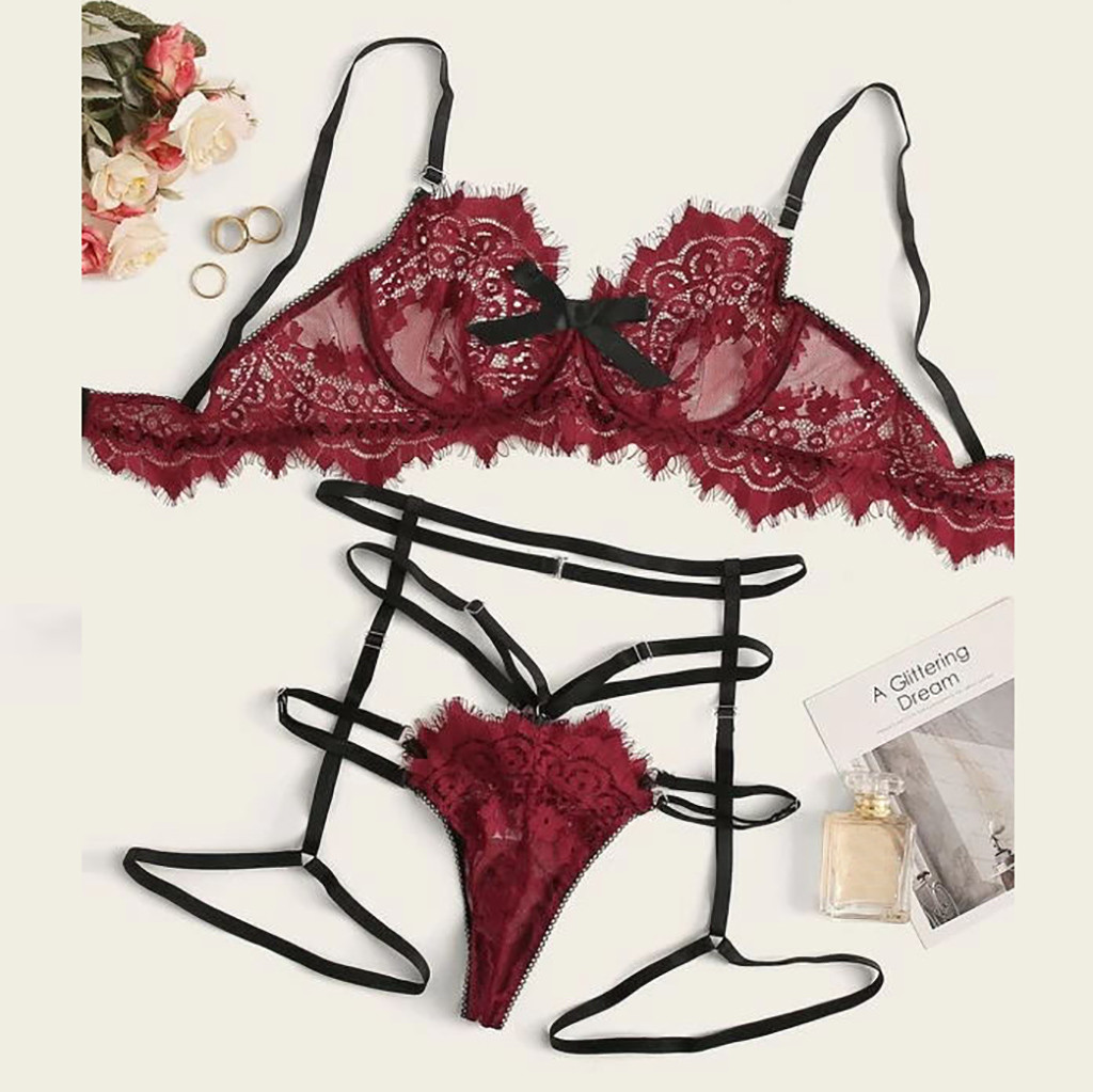 

Women Transparent Bra Underwear Set Women Lingerie Corset Lace Underwire Racy Muslin Sleepwear Underwear Tops+Briefs NEW, As pic