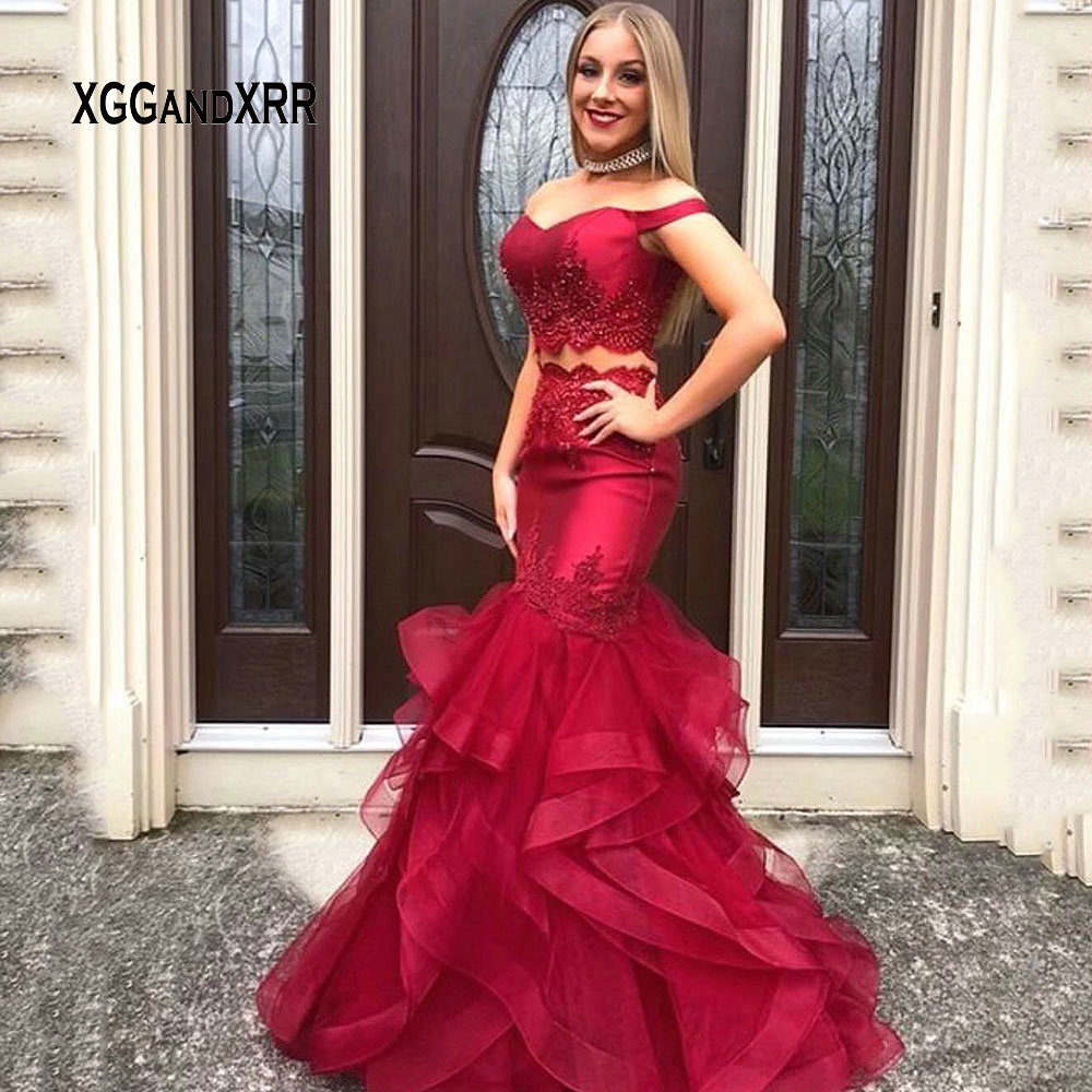 burgundy two piece prom dress