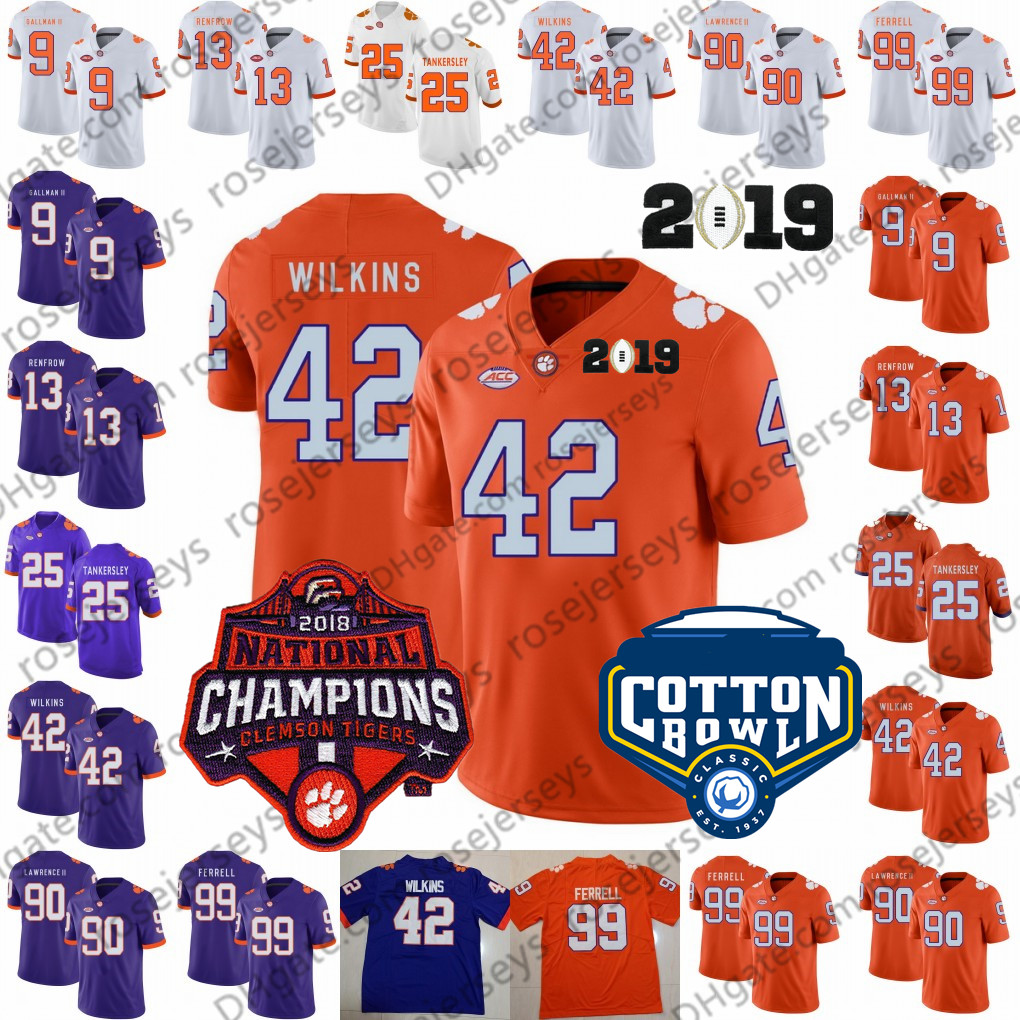 

2019 Clemson Tigers #13 Hunter Renfrow 42 Christian 90 Dexter Lawrence II 99 Clelin Ferrell Purple White Orange Champions Jersey, Black