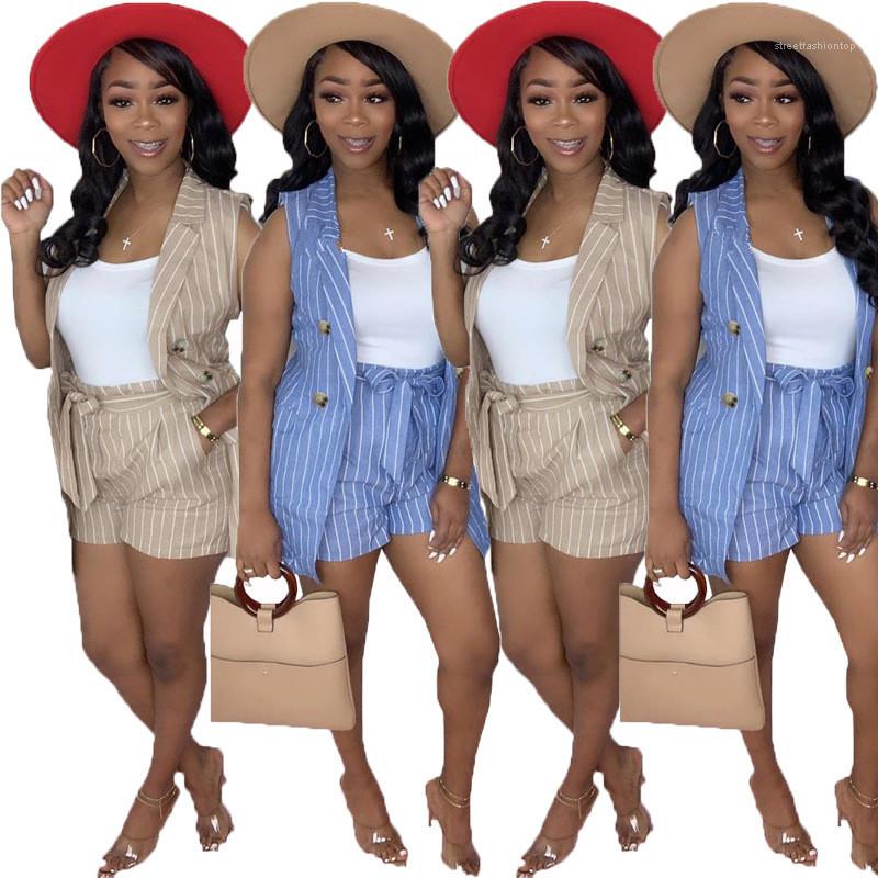 

Two Piece Sets Lapel Neck With Sleeveless Top And Shorts Casual Business Womens Suits OL Style Striped Sleeveless Summer Womens, Blue