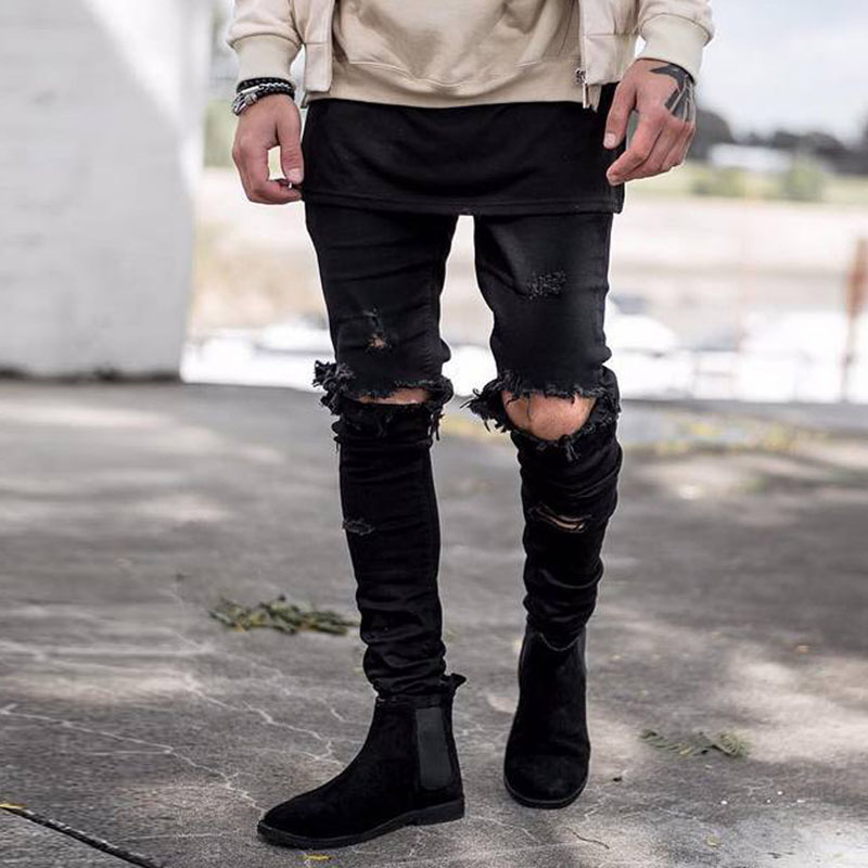 

HOT 2019 Fashion spring high street Casual hip hop Distressed denim streetwear beggar man ripped hole biker jeans male, Black