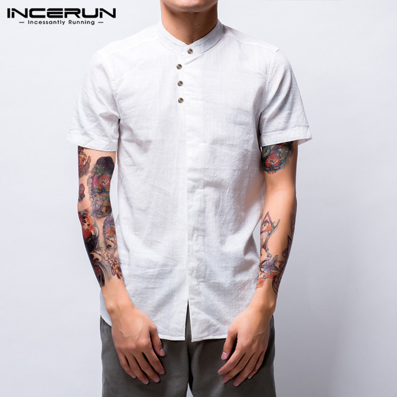 

INCERUN Cotton Shirt Men Stand Collar Solid 2020 Vintage Short Sleeve Button Brand Camisa Breathable Casual Shirts Men Summer 7, Navy shirt