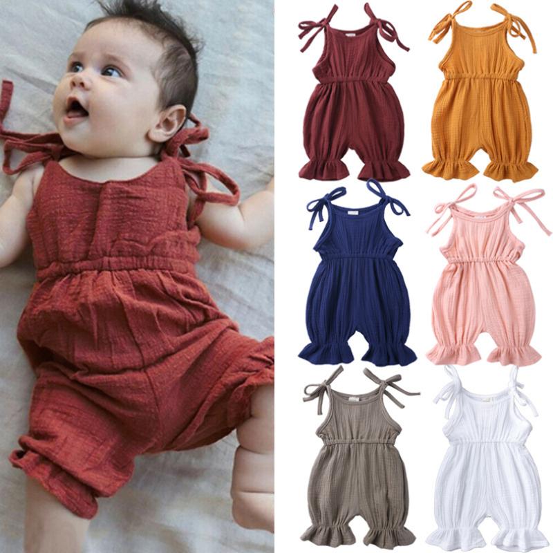 

2020 Summer Solid Color Baby Girl Rompers Newborn Toddler Kids Sling Jumpsuit Sleeveless Cotton Playsuit Leotard Girl Pajamas, Blue