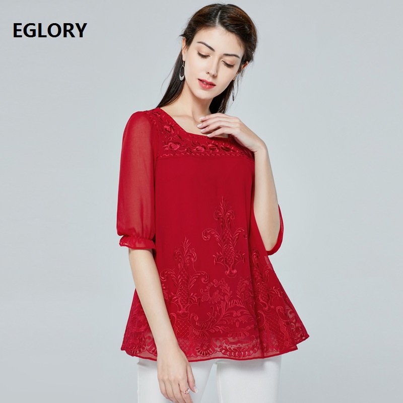 

Plus Size Blouses 2020 Summer Fashion Red Tops Women Sexy Square Collar Exquisite Embroidery Half Sleeve Elegant Blouses 50s 60s, As pic