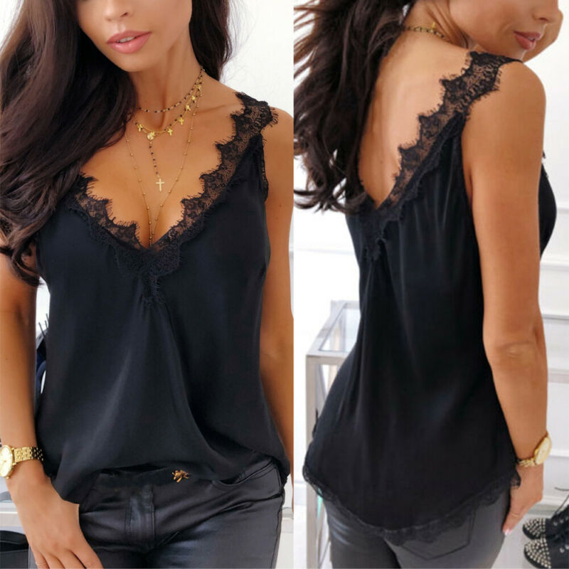 

Trendy Women clothes strap pullover Lace Vest Sleeveless Loose Casual V-Neck Polyester Tank Tops one pieces, Black