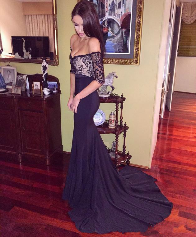

Black Lace Evening Dresses Off Shoulder Half Long Sleeve Mermaid long prom dresses Party Dresses V-Neck Evening Gowns Satin Customize, Ivory