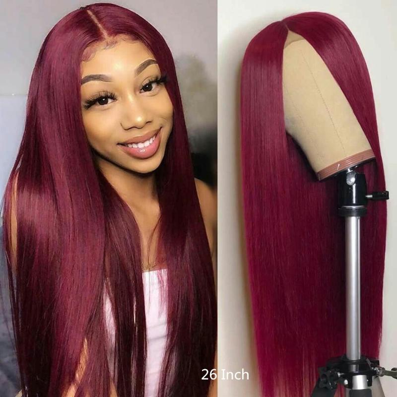 

13x4 99j Lace Front Human Hair Wigs For Women Straight Lace Wig Ombre 99j Colored Front Wigs Preplucked Burgundy Human Hair, Nature