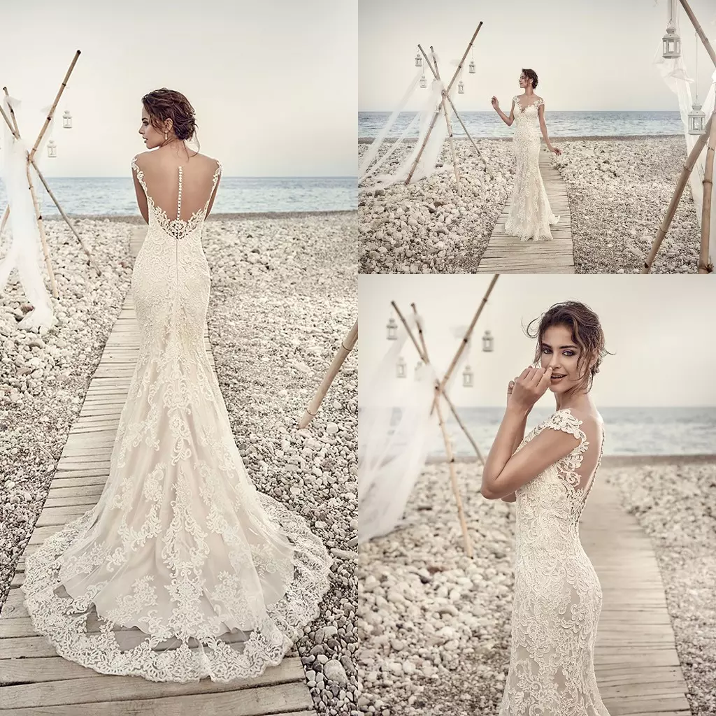 

2019 Mermaid Wedding Dresses Eddy K Aires Appliques Lace Gorgeous Sheer Neck and Back Cap Sleeve Vintage Lace Wedding Gowns Custom Made, Gold