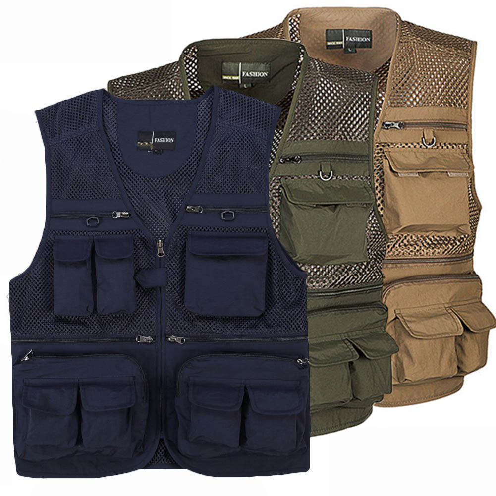 

Men Outdoor Multi-Pocket Vest Waistcoat Photography Zip Mesh Sleeveless Size Plus 2018 New V-Neck Loose Multi-Pocket Vest, Blue