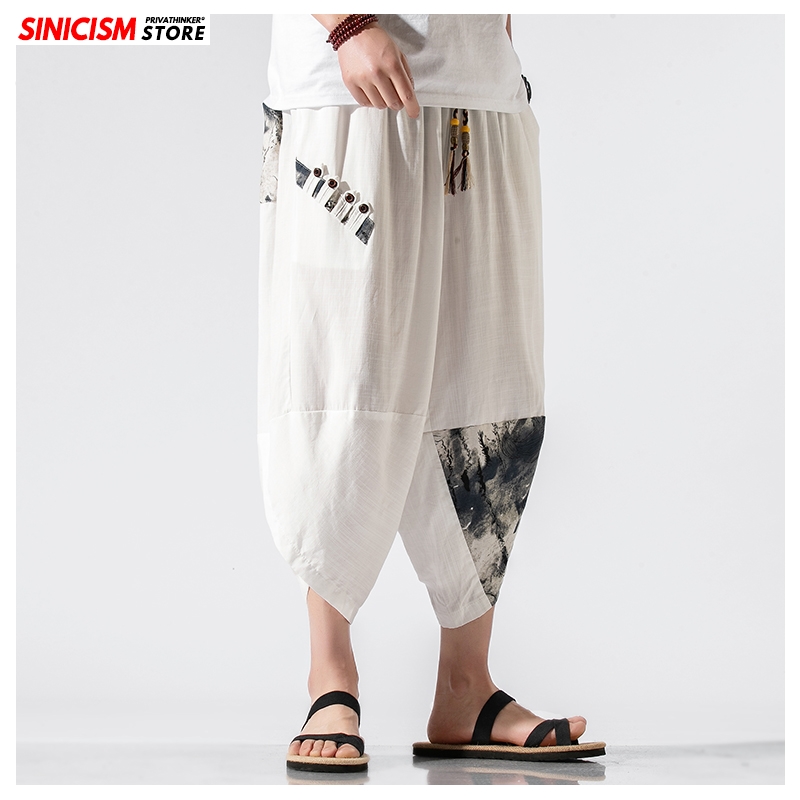 

Sinicism Store Chinese Style Patchwork Pants Men 2020 Oversize Vintage Mens Pants Trousers Male Thin Printed Casual Summer, Black