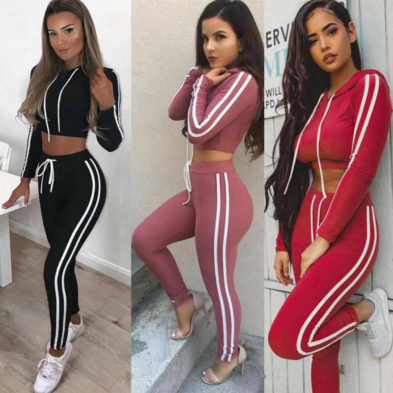 

2019 2Pcs Womens Autumn Hoodies Sports Tops Pants Set Yoga Long Sleeve Sexy Tracksuit Sweatshirt Sweat Suit, Black