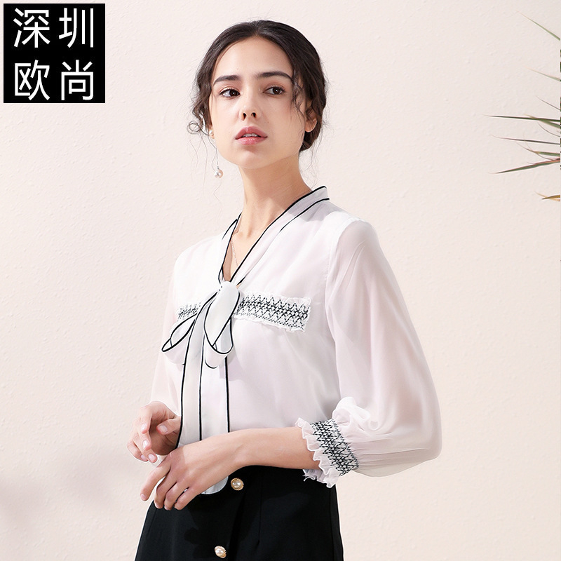 

new women' hit color design feeling bowknot show thin white lantern sleeve blouse shirt chiffon unlined upper garment