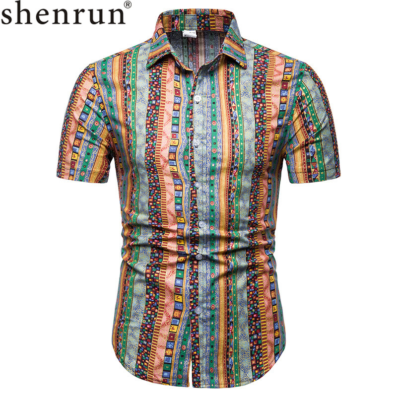

Shenrun Men's Shirts Summer Short Sleeve Ethnic Style Floral Prints Shirt Casual Slim Fit Stage Holiday Beach Tourism Daily Life, Blue