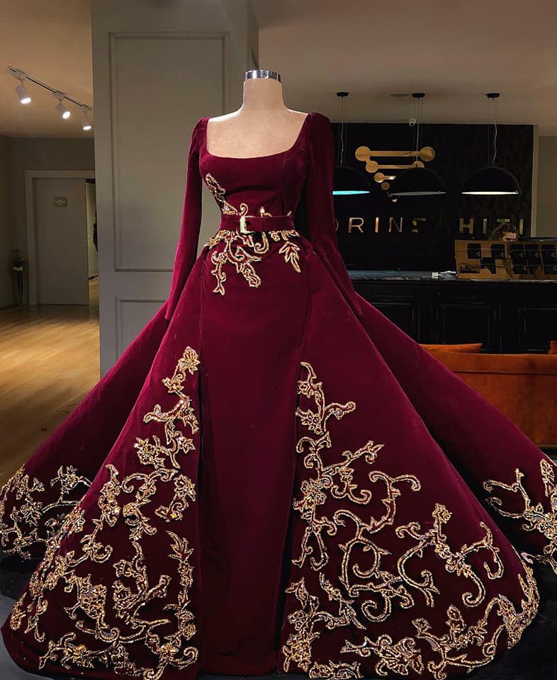 maroon and silver gown