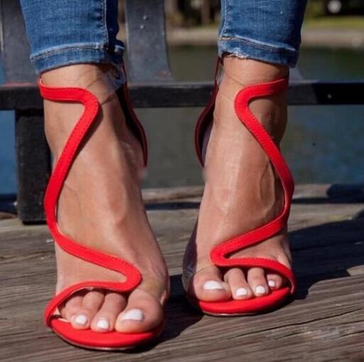 

Summer Woman Red Nude Suede Leather Open Toe Cuts Out S-shape Zipper Back Clear PVC Strap Patchwork Thin Heels Sandals Dress Shoes, Multi