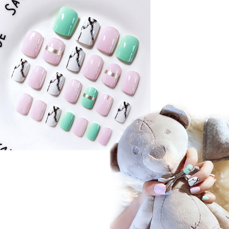 

24pcs Small Bra Gradient Green False Nails For Daily Wear With 2g Glue False Nails Marble Bride New, As pic