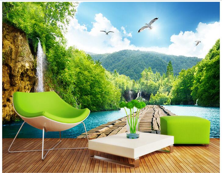 

WDBH 3d wallpaper custom photo Waterfall Wooden Bridge 3D Landscape background living room home decor 3d wall murals wallpaper for walls 3 d, Non-woven