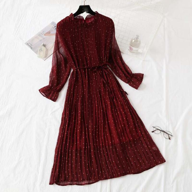 

Women Print Pleated Chiffon Dress 2020 autumn Summer New Female Casual Flare Sleeve Lotus leaf neck Basic Dresses robe femme ete, Black;gray