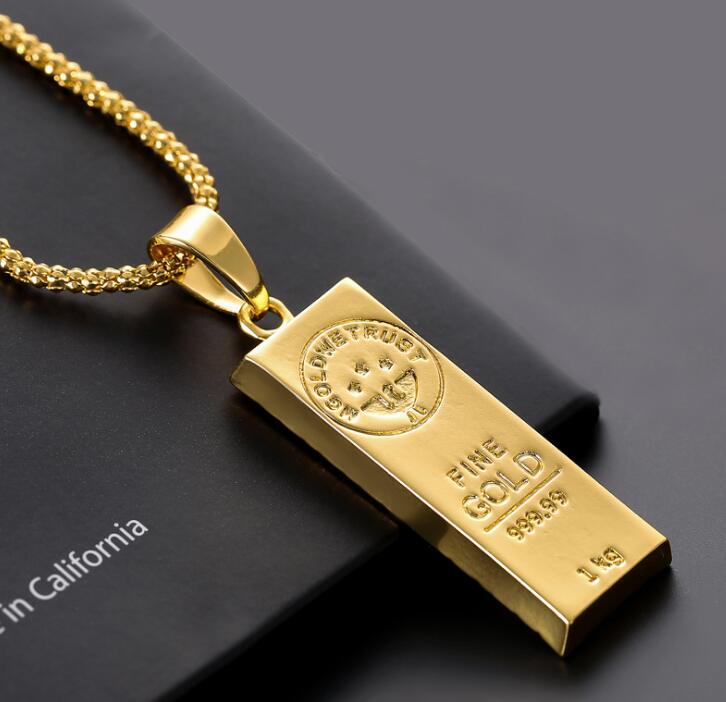 

Stainless Steel Necklace Iced Out Golden Bar shape Pendant Round Box Chain Fortune Charm Necklace Hip Hop Mens Christmas Gift WL018